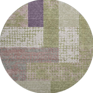 HomeRoots 8' Green Ivory And Purple Geometric Round Rug - Washable, UV-Protected, Stylish & Durable Floor Accent 674943