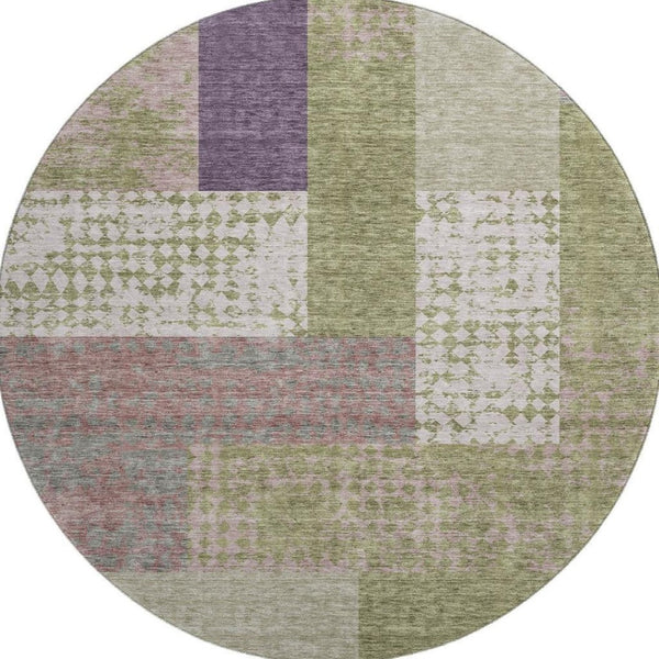 HomeRoots 8' Green Ivory And Purple Geometric Round Rug - Washable, UV-Protected, Stylish & Durable Floor Accent 674943