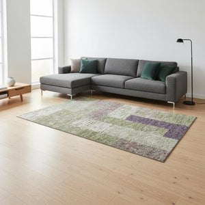 HomeRoots 8' X 10' Modern Geometric Area Rug in Green, Ivory & Purple - Washable, UV-Protected, Family-Friendly! 674944