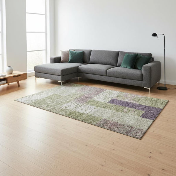 HomeRoots 8' X 10' Modern Geometric Area Rug in Green, Ivory & Purple - Washable, UV-Protected, Family-Friendly! 674944
