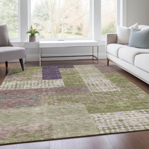 HomeRoots 8' X 10' Modern Geometric Area Rug in Green, Ivory & Purple - Washable, UV-Protected, Family-Friendly! 674944