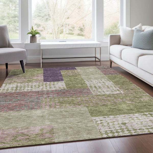 HomeRoots 8' X 10' Modern Geometric Area Rug in Green, Ivory & Purple - Washable, UV-Protected, Family-Friendly! 674944