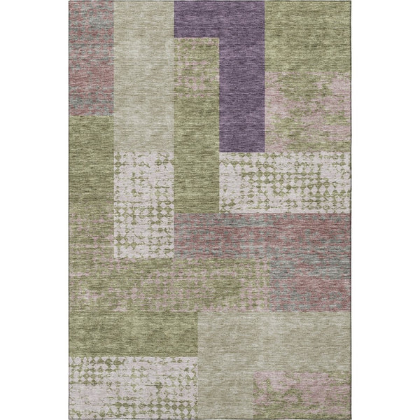 HomeRoots 8' X 10' Modern Geometric Area Rug in Green, Ivory & Purple - Washable, UV-Protected, Family-Friendly! 674944