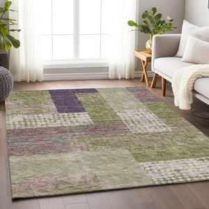 HomeRoots 9' X 12' Washable Geometric Area Rug in Green, Ivory & Purple with UV Protection for Modern Spaces 674945