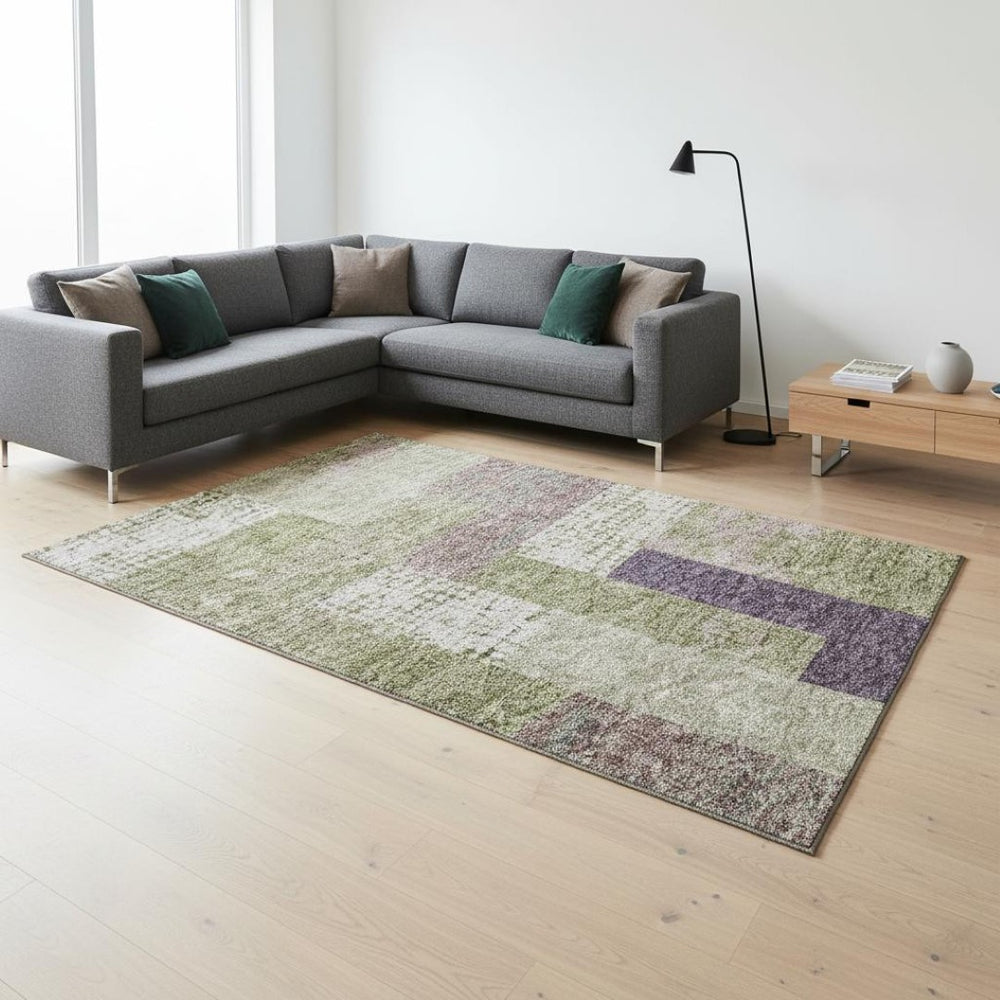 HomeRoots 10' Stylish Geometric Area Rug in Green, Ivory, & Purple - Washable, UV Protected, Durable Design 674946