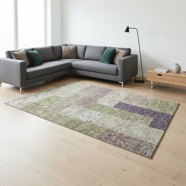 HomeRoots 10' Stylish Geometric Area Rug in Green, Ivory, & Purple - Washable, UV Protected, Durable Design 674946