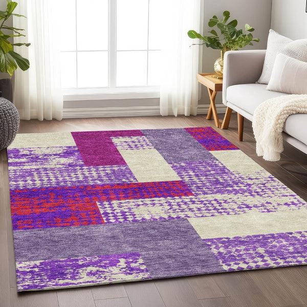 HomeRoots 5' X 8' Contemporary Lavender and Orange Geometric Washable Area Rug with UV Protection & Style 674948
