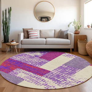 HomeRoots 8' Modern Lavender, Ivory & Orange Geometric Washable Round Rug with UV Protection & Easy Care 674949