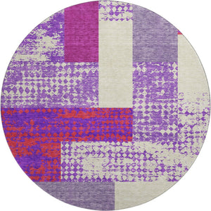 HomeRoots 8' Modern Lavender, Ivory & Orange Geometric Washable Round Rug with UV Protection & Easy Care 674949