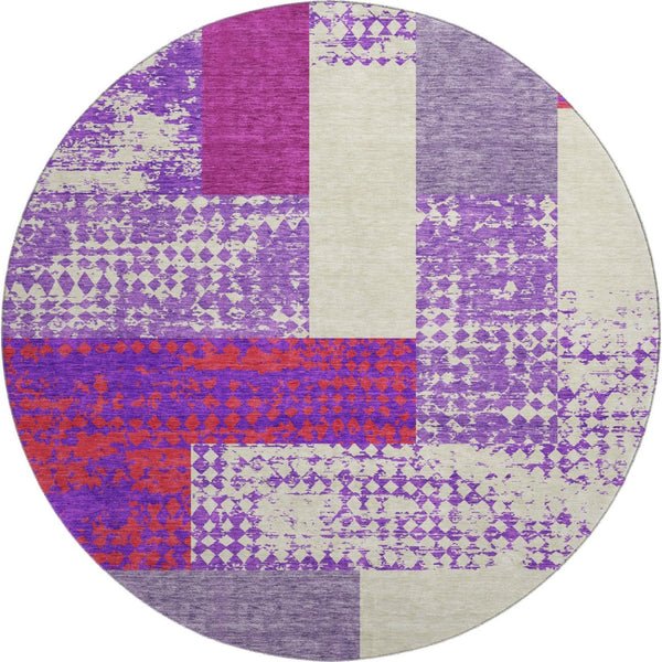 HomeRoots 8' Modern Lavender, Ivory & Orange Geometric Washable Round Rug with UV Protection & Easy Care 674949