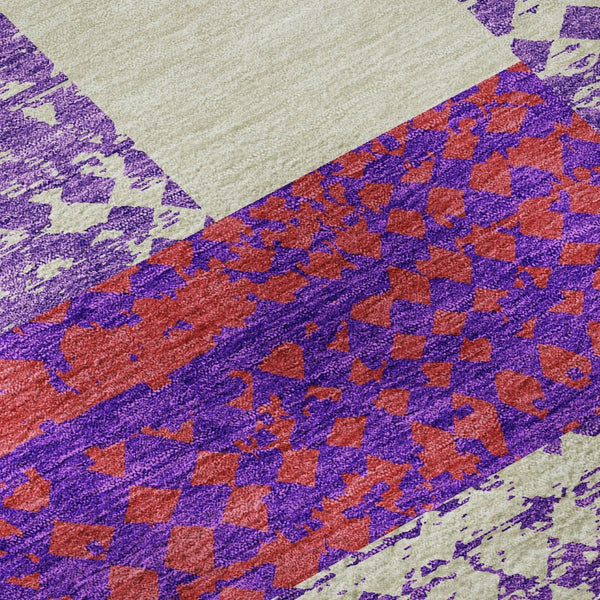 HomeRoots 8' Modern Lavender, Ivory & Orange Geometric Washable Round Rug with UV Protection & Easy Care 674949