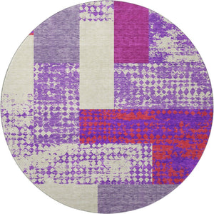 HomeRoots 8' Modern Lavender, Ivory & Orange Geometric Washable Round Rug with UV Protection & Easy Care 674949