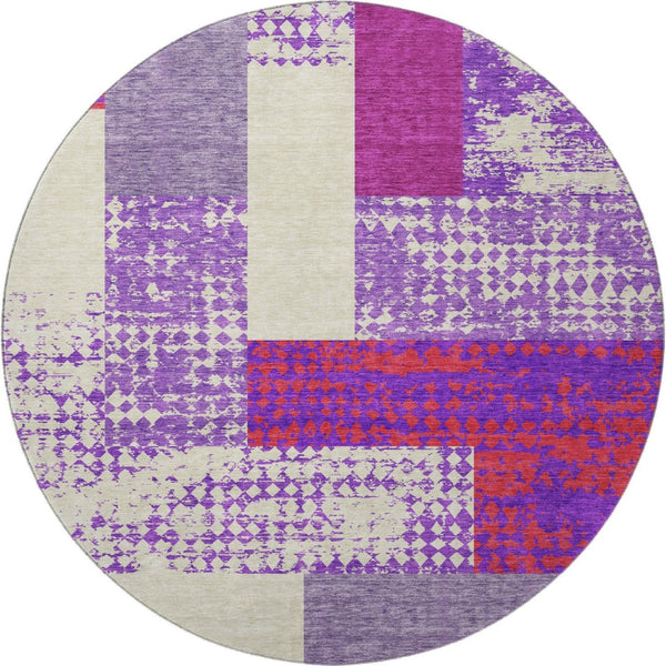 HomeRoots 8' Modern Lavender, Ivory & Orange Geometric Washable Round Rug with UV Protection & Easy Care 674949