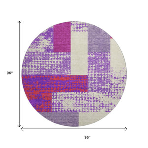 HomeRoots 8' Modern Lavender, Ivory & Orange Geometric Washable Round Rug with UV Protection & Easy Care 674949