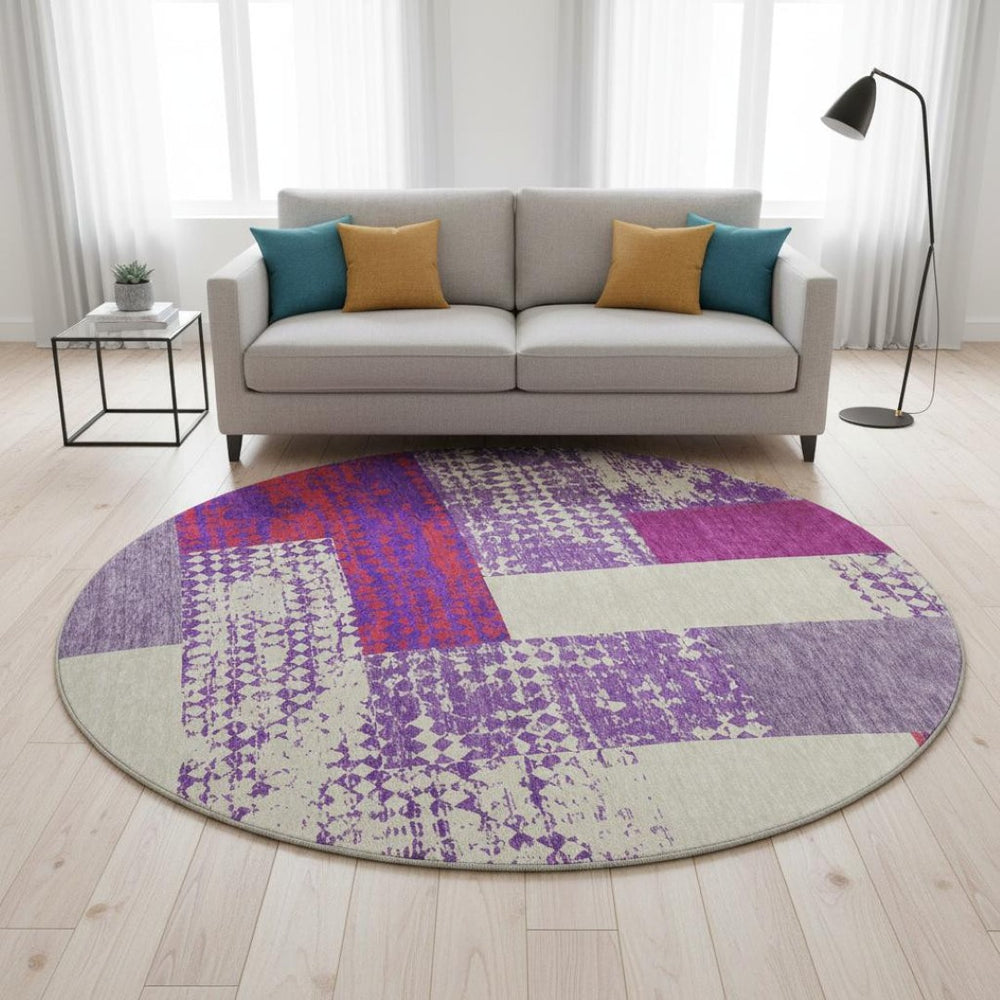 HomeRoots 8' Modern Lavender, Ivory & Orange Geometric Washable Round Rug with UV Protection & Easy Care 674949