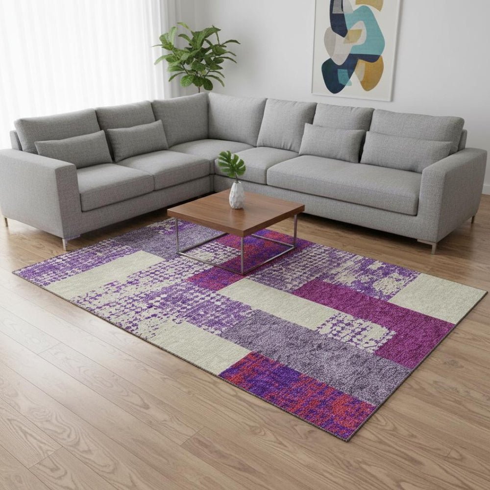 HomeRoots 9' X 12' Modern Geometric Lavender, Ivory & Orange Area Rug – Washable, UV-Protected & Durable Design 674951