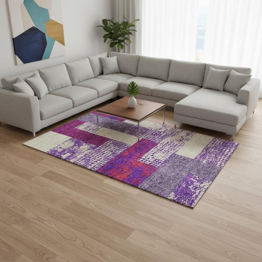 HomeRoots 10' X 14' Durable Lavender, Ivory & Orange Geometric Area Rug - Washable, Stain Resistant & UV Protected 674952