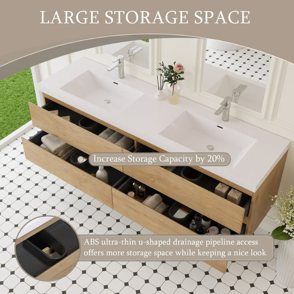 English Elm 72" Floating Double Sink Vanity Wall Mounted Ash Grey with Soft Close Drawers W1573P152708