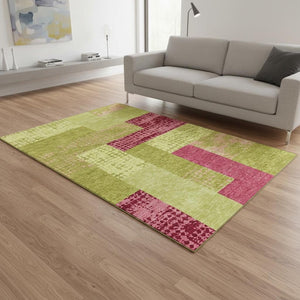 HomeRoots 5' X 8' Vibrant Lime Green & Pink Geometric Washable Area Rug with UV Protection for Modern Spaces 674954
