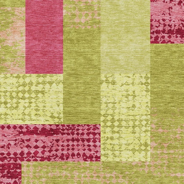 HomeRoots 5' X 8' Vibrant Lime Green & Pink Geometric Washable Area Rug with UV Protection for Modern Spaces 674954