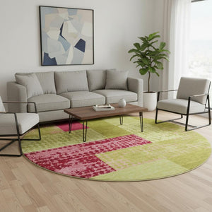 HomeRoots 8' Vibrant Lime Green and Pink Geometric Washable Round Rug with UV Protection for Modern Spaces 674955