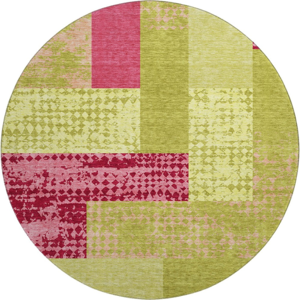HomeRoots 8' Vibrant Lime Green and Pink Geometric Washable Round Rug with UV Protection for Modern Spaces 674955