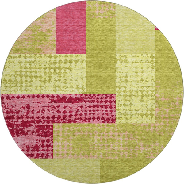 HomeRoots 8' Vibrant Lime Green and Pink Geometric Washable Round Rug with UV Protection for Modern Spaces 674955