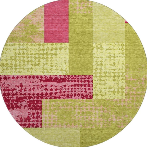 HomeRoots 8' Vibrant Lime Green and Pink Geometric Washable Round Rug with UV Protection for Modern Spaces 674955