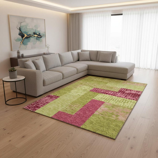 HomeRoots 8' X 10' Vibrant Lime Green & Pink Geometric Area Rug - Washable, UV Protected, Perfect for High-Traffic Spaces 674956