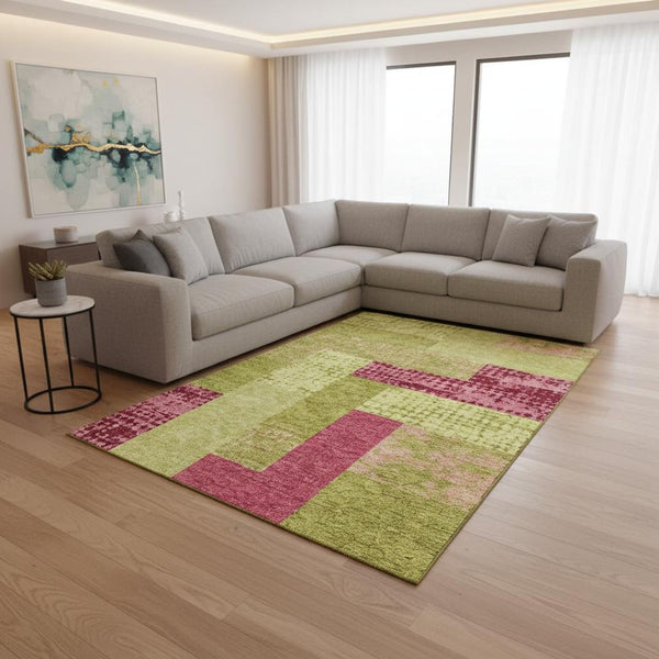 HomeRoots 9' X 12' Vibrant Lime Green & Pink Geometric Washable Area Rug - UV Protected & Stain Resistant! 674957