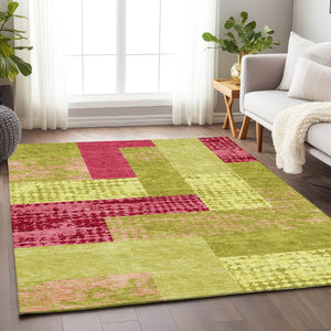 HomeRoots 9' X 12' Vibrant Lime Green & Pink Geometric Washable Area Rug - UV Protected & Stain Resistant! 674957