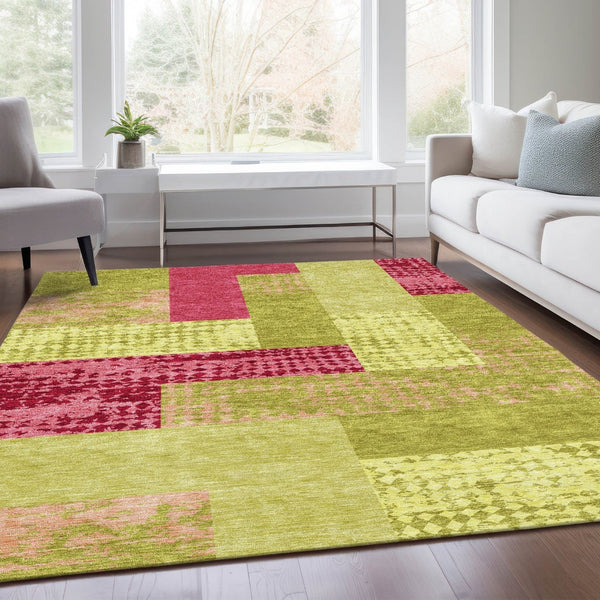 HomeRoots 9' X 12' Vibrant Lime Green & Pink Geometric Washable Area Rug - UV Protected & Stain Resistant! 674957