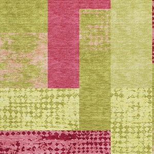 HomeRoots 9' X 12' Vibrant Lime Green & Pink Geometric Washable Area Rug - UV Protected & Stain Resistant! 674957