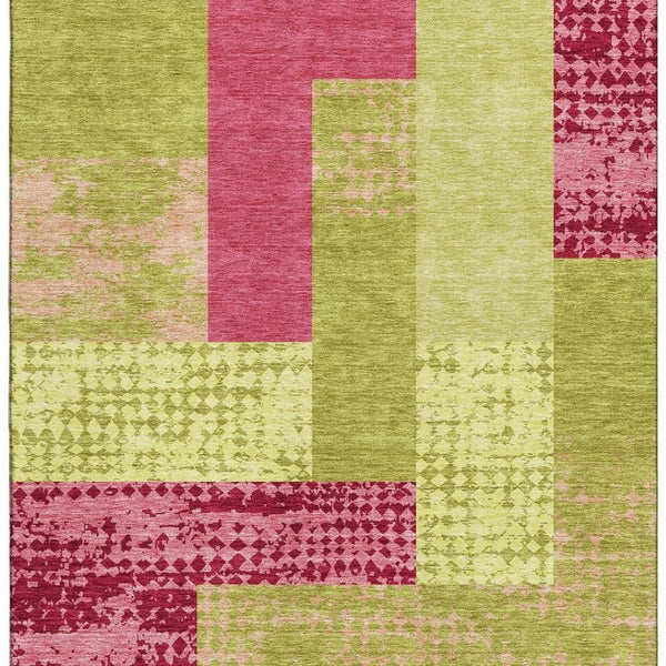HomeRoots 9' X 12' Vibrant Lime Green & Pink Geometric Washable Area Rug - UV Protected & Stain Resistant! 674957