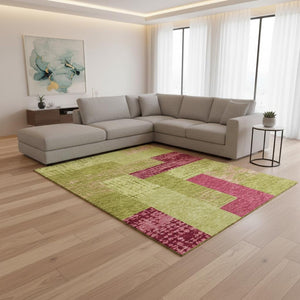 HomeRoots 10' X 14' Vibrant Lime Green & Pink Geometric Area Rug - Washable, UV Protected, Durable & Stylish 674958