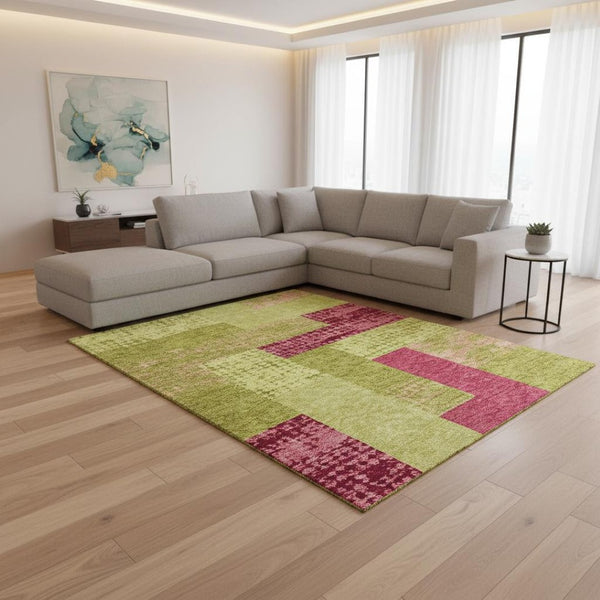 HomeRoots 10' X 14' Vibrant Lime Green & Pink Geometric Area Rug - Washable, UV Protected, Durable & Stylish 674958
