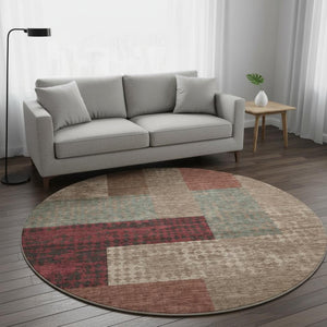 HomeRoots 8' Washable Round Rug in Coffee & Merlot - Durable Geometric Design with UV Protection & Easy Care 674961