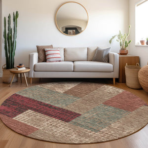 HomeRoots 8' Washable Round Rug in Coffee & Merlot - Durable Geometric Design with UV Protection & Easy Care 674961