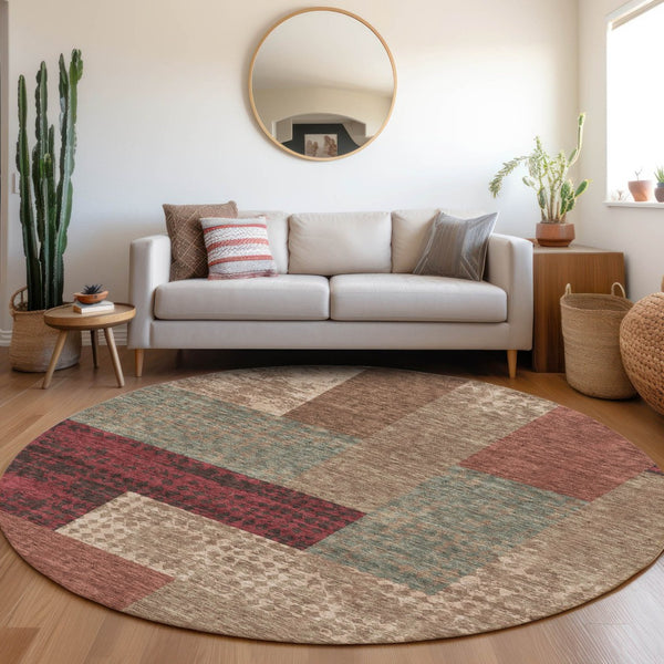 HomeRoots 8' Washable Round Rug in Coffee & Merlot - Durable Geometric Design with UV Protection & Easy Care 674961