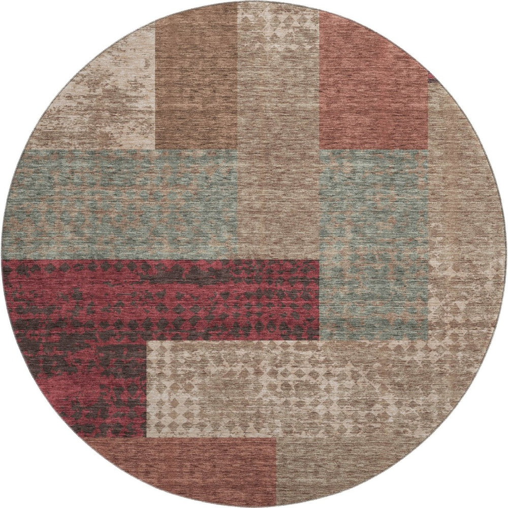 HomeRoots 8' Washable Round Rug in Coffee & Merlot - Durable Geometric Design with UV Protection & Easy Care 674961