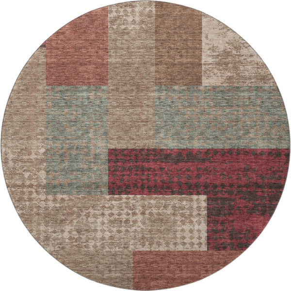 HomeRoots 8' Washable Round Rug in Coffee & Merlot - Durable Geometric Design with UV Protection & Easy Care 674961