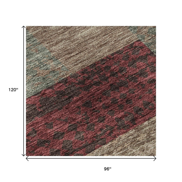 HomeRoots 8' X 10' Geometric Area Rug in Coffee & Merlot - Washable, UV-Protected, Durable for High-Traffic Areas 674962