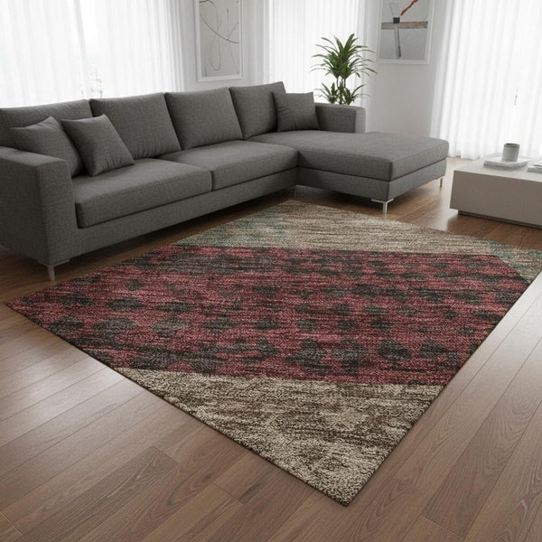 HomeRoots 8' X 10' Geometric Area Rug in Coffee & Merlot - Washable, UV-Protected, Durable for High-Traffic Areas 674962