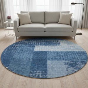 HomeRoots 8' Navy Blue Geometric Round Rug - Washable, UV Protected, Durable, Easy-Care for High Traffic Areas 674967