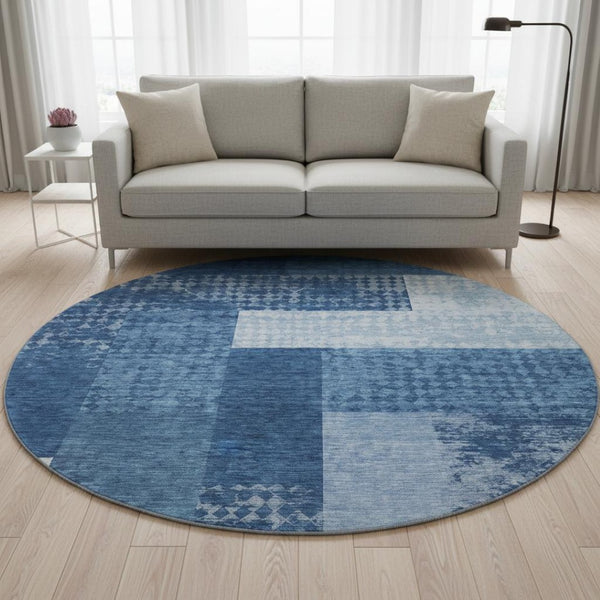HomeRoots 8' Navy Blue Geometric Round Rug - Washable, UV Protected, Durable, Easy-Care for High Traffic Areas 674967
