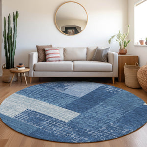 HomeRoots 8' Navy Blue Geometric Round Rug - Washable, UV Protected, Durable, Easy-Care for High Traffic Areas 674967