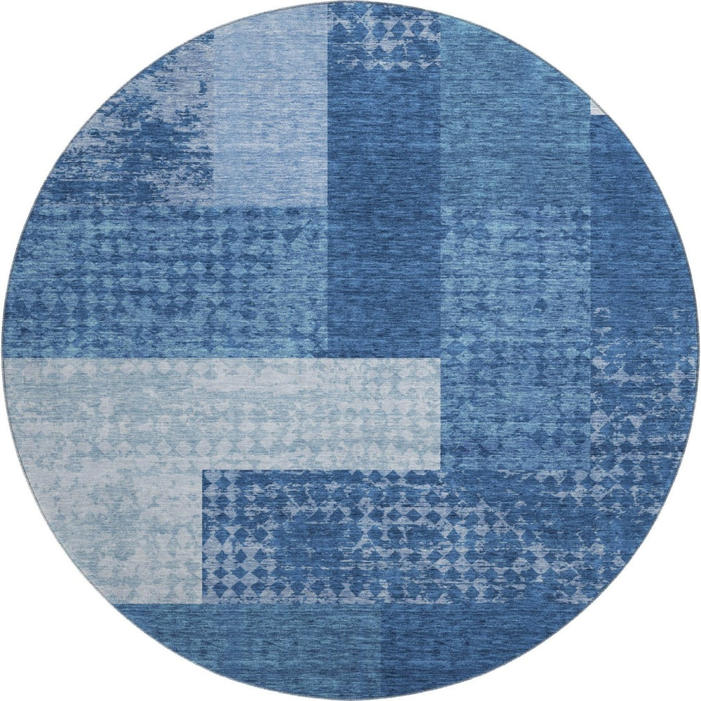 HomeRoots 8' Navy Blue Geometric Round Rug - Washable, UV Protected, Durable, Easy-Care for High Traffic Areas 674967