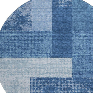 HomeRoots 8' Navy Blue Geometric Round Rug - Washable, UV Protected, Durable, Easy-Care for High Traffic Areas 674967