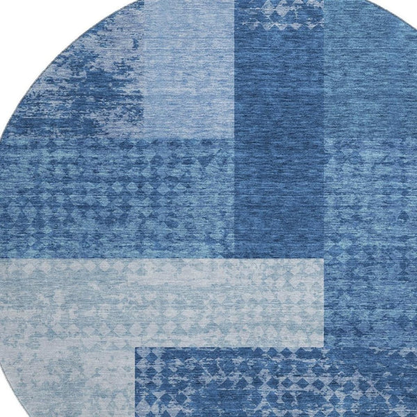 HomeRoots 8' Navy Blue Geometric Round Rug - Washable, UV Protected, Durable, Easy-Care for High Traffic Areas 674967