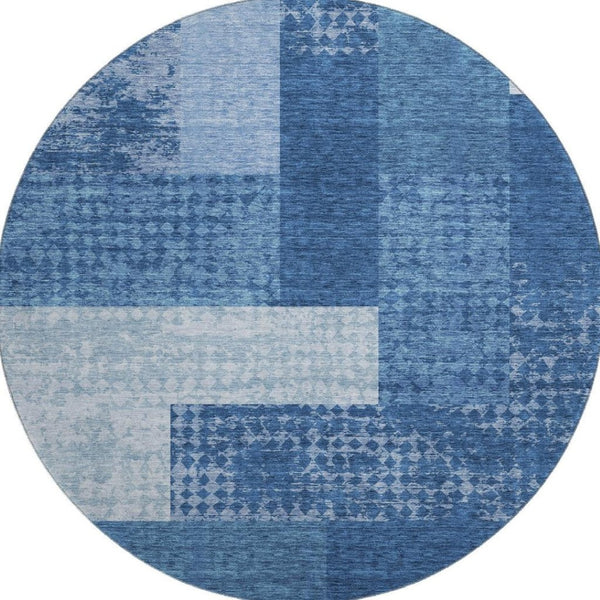 HomeRoots 8' Navy Blue Geometric Round Rug - Washable, UV Protected, Durable, Easy-Care for High Traffic Areas 674967